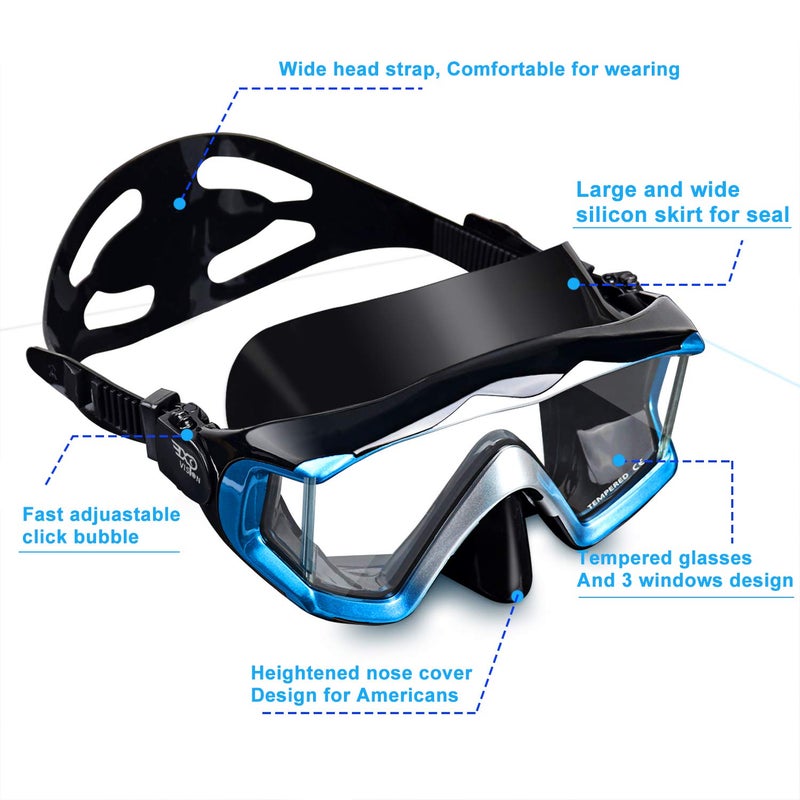 EXP VISION قناع غوص بانورامي للبالغين 3، عدسة زجاجية مقساة، قناع غوص سكوبا، نظارات سباحة متميزة مع غطاء للأنف للغوص، الغوص الحر، السباحة (أزرق) - Image 3